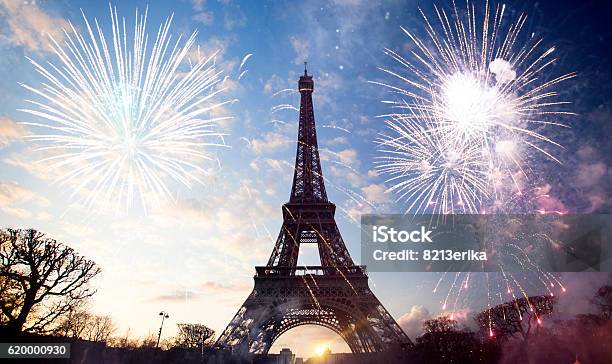 Abstract Background Of Eiffel Tower With Fireworks Stock Photo - Download Image Now - Paris - France, Eiffel Tower - Paris, Firework Display