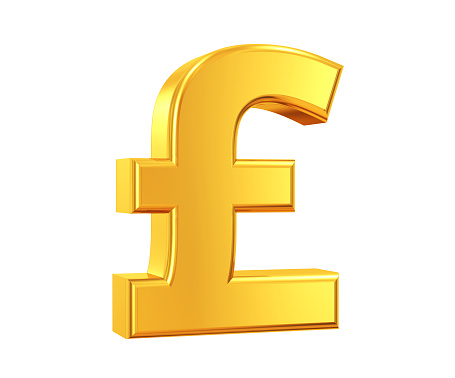 3D rendering of Sterling Pound Symbol made of gold with reflection isolated on white background.