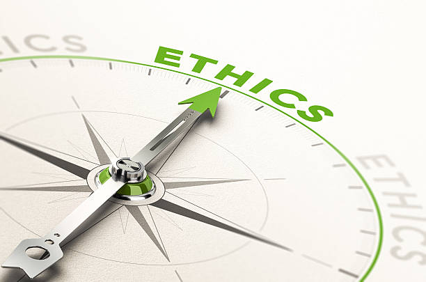 Business Ethics compass with needle pointing the word ethics. Conceptual 3d illustration of business integrity and moral code of ethics stock pictures, royalty-free photos & images