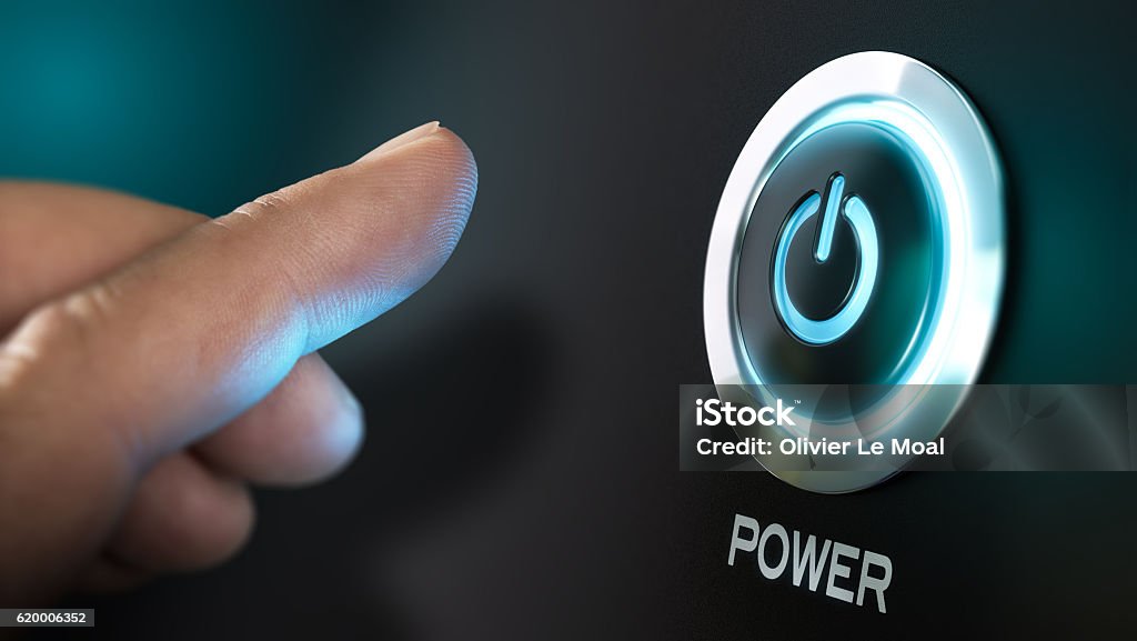 Get Started Finger about to press a power button. Hardware equipment concept. Composite between an image and a 3D background Turning On Or Off Stock Photo