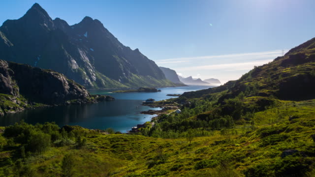 Aerial footage of a fjord at the Lofoten Islands in Norway