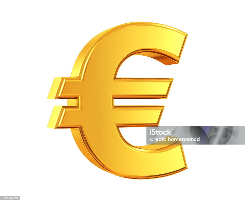 Gold Euro Symbol 3D rendering of Euro Symbol made of gold with reflection isolated on white background. Euro Symbol Stock Photo