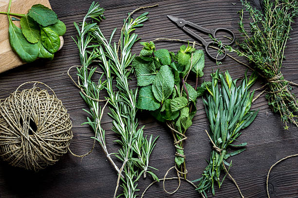 istock sage and thyme, mint, estragon on wooden background top view 620368740