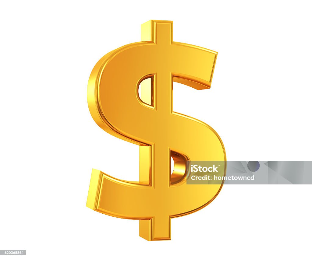Gold US Dollar Symbol 3D rendering of US Dollar Symbol made of gold with reflection isolated on white background. Dollar Sign Stock Photo