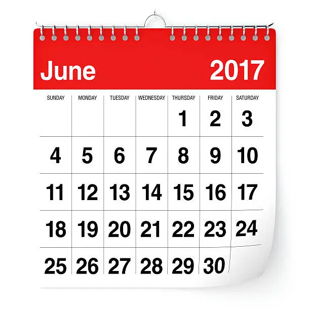 June 2017 - Calendar. Isolated on White Background. 3D Illustration