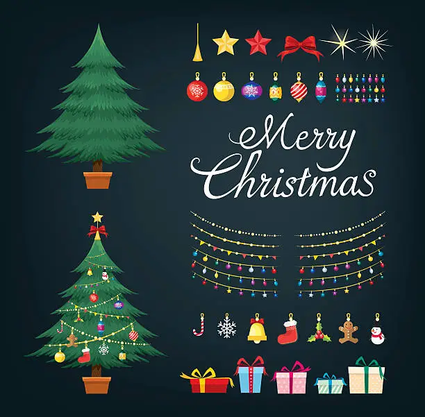 Vector illustration of Christmas tree greetings set with decorative Xmas objects