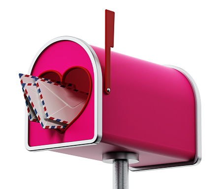 Enveloppes inside pink mailbox with heart shaped door isolated on white.