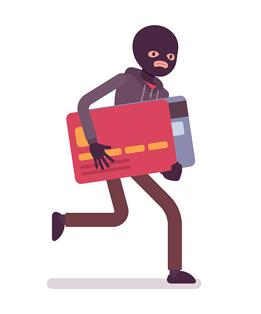 stockillustraties, clipart, cartoons en iconen met thief in a black mask stole credit card and is - cybercrime children