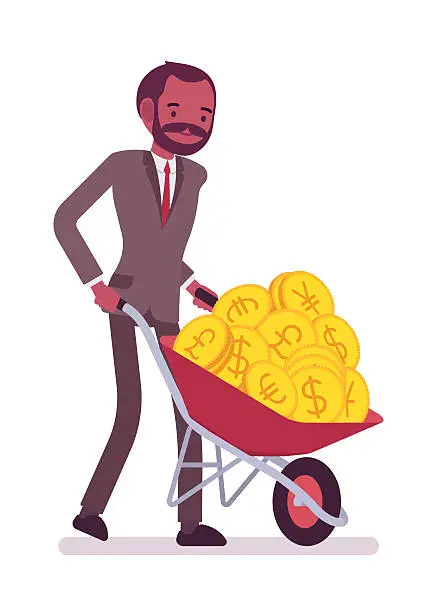 Vector illustration of Businessman pushing a wheelbarrow full of golden coins