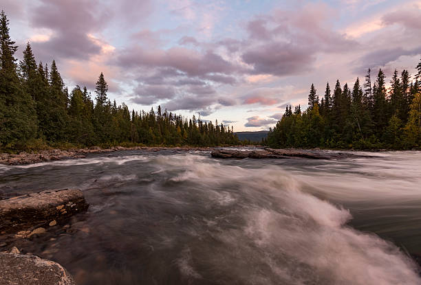 istock Pink river sunset in beautiful typical swedish landscape 620376944