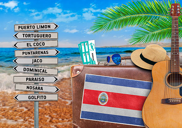 Concept of summer traveling with old suitcase and Costa Rica Concept of summer traveling with old suitcase and Costa Rica town sign el coco stock pictures, royalty-free photos & images