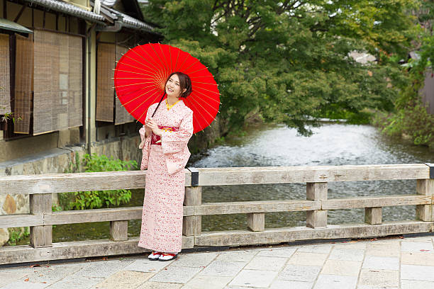 istock Woman wearing a kimono with a red umbrella 620377958