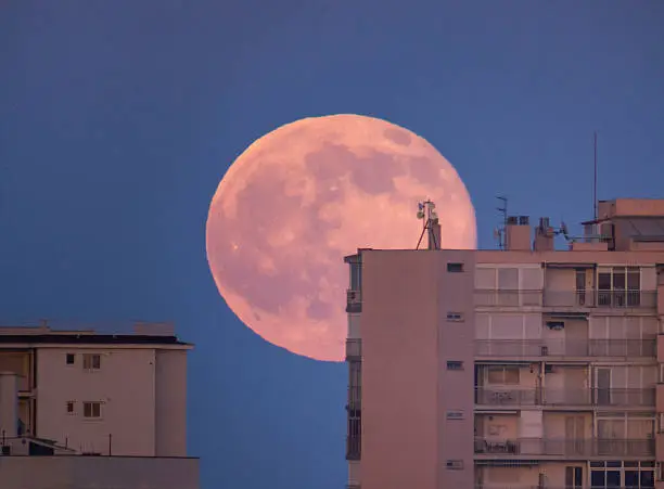 red full moon behind building
