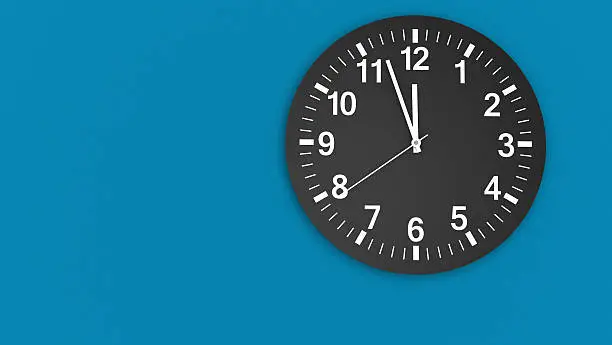 Clock face on a blue wall with clean design showing almost midday hour 3D illustration.