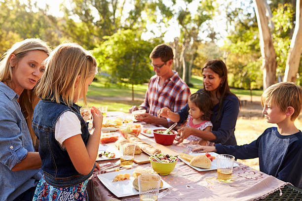 istock Two families having a picnic at a table in a park, 620382434