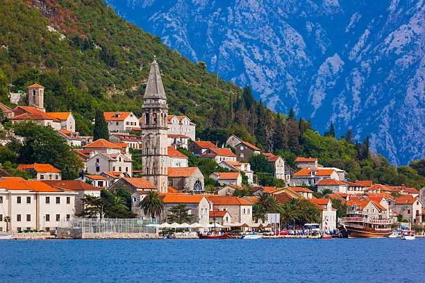 Village Perast on coast of Boka Kotor bay - Montenegro - nature and architecture background