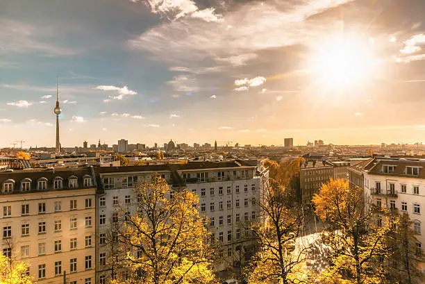 colorful autumn Berlin cityscape seen from tower of the zionskirche