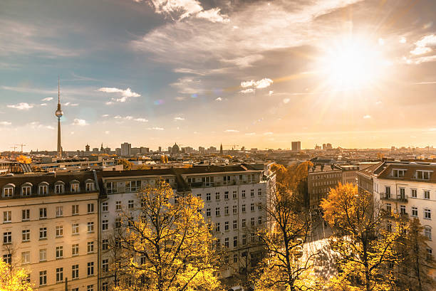 colorful sunny berlin cityscape seen from tower of the zionskirche - panoramic scenics sunlight day imagens e fotografias de stock