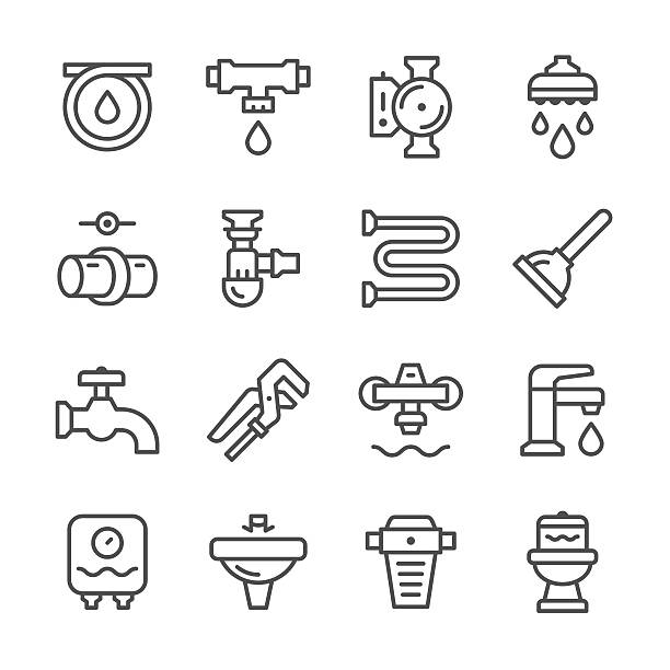 ilustrações, clipart, desenhos animados e ícones de conjunto de ícones de linha de encanamento - faucet water tap heat