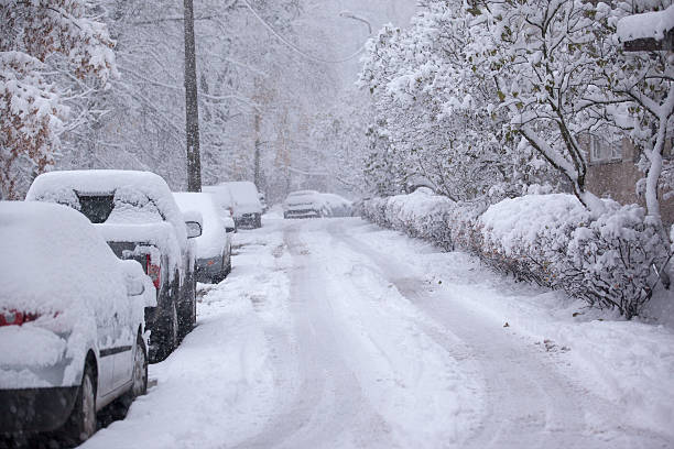 Parked cars covered with snow - snow storm