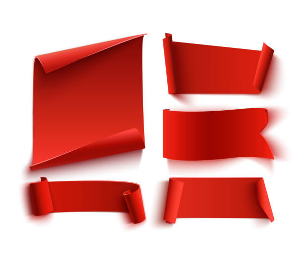 ilustrações de stock, clip art, desenhos animados e ícones de set of five red, realistic, paper banners. - internet banner placard ribbon