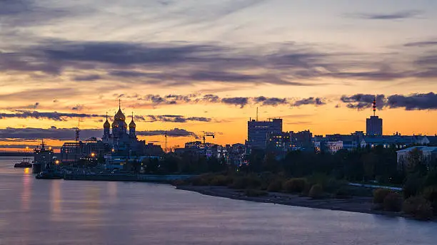 View of the city center of Arkhangelsk in the North West of Russia. Shot during sunset over the Northern Dvina river.
