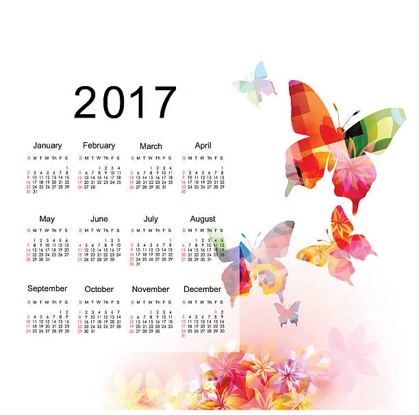 Vector illustration of Calendar planner 2017 design template with colorful butterflies