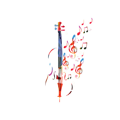 Colorful violoncello with music notes. Music background. Music instrument poster with music notes. Cello design with g-clef. Treble clef and music notes, musical symbols with violoncello