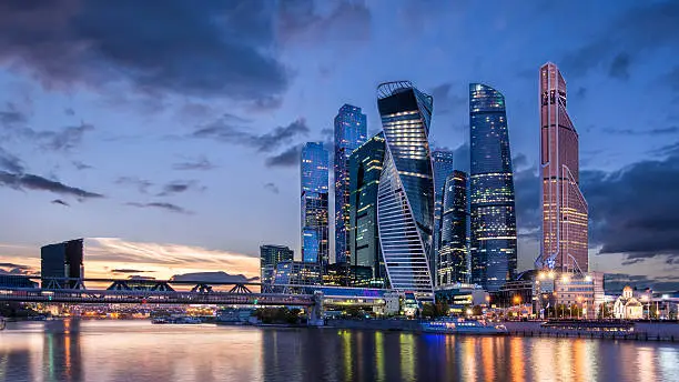 Skyscrapers of the Moscow International Business Center at sunset.