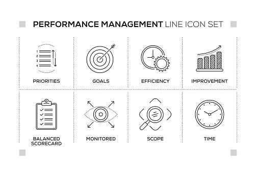 Performance Management chart with keywords and monochrome line icons