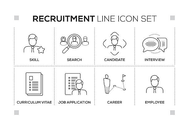 ilustrações, clipart, desenhos animados e ícones de palavras-chave de recrutamento com ícones de linha monocromática - infographic resume skill business