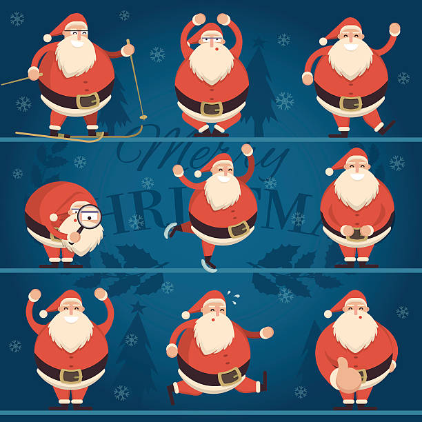 Cartoon Santa Claus in various poses collection Cartoon Santa Claus in various poses collection. Cheerful Father Frost character run, sit, ski, skate, laugh, smile, show thumb up, dance, with hands up. Vector illustration thumbs up for skiing stock illustrations