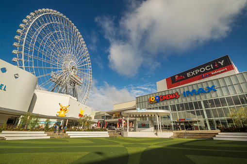 Osaka, Japan - October 25, 2016: Expocity, a large entertainment and shopping complex in Suita. The site is also home to a Pokemon Gym and Japan's tallest ferris wheel.