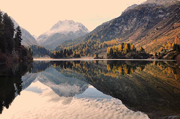 outono montanha lago reflection - engadine imagens e fotografias de stock