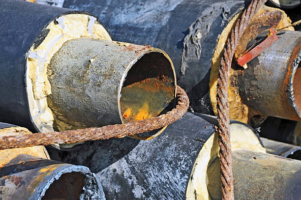 istock Rusty steel pipe with heat insulation 620393440