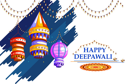 easy to edit vector illustration of decorated diya with tuni bulb for Happy Diwali background