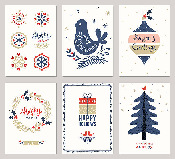weihnachts-grußkarten-sammlung - tree bird flower pattern stock-grafiken, -clipart, -cartoons und -symbole