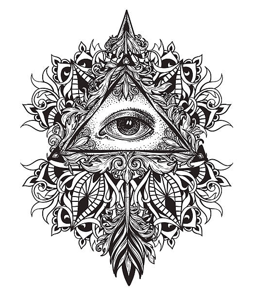 All-seeing eye symbol mystical science of alchemy and Masons All-seeing eye as a symbol of the mystical science of alchemy and the sign of the Masons.. Arrow with feathers in dotwork style. Graphical tattoo patterned mandala. Baroque patterns providence stock illustrations