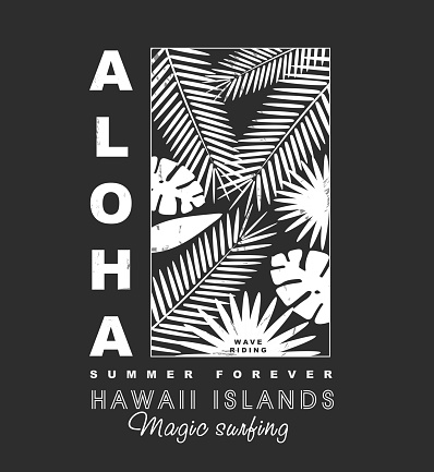 Aloha hawaii islands illustration with palms tree illustration for t-shirt print , vector illustration.