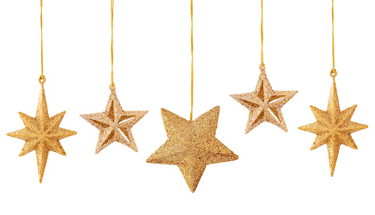 Set of gold stars isolated on white background.