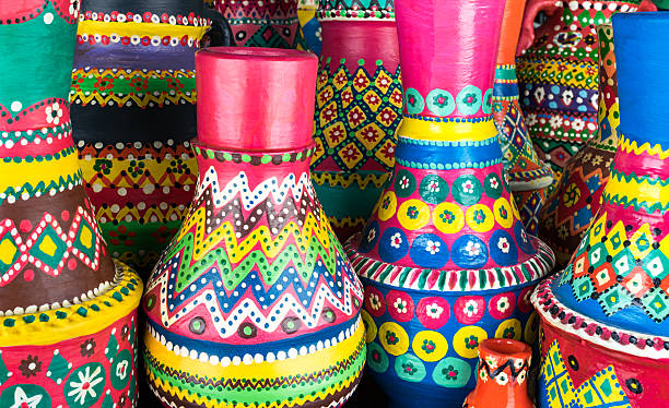 istock Composition of artistic painted clorful handcrafted pottery vases 620404516