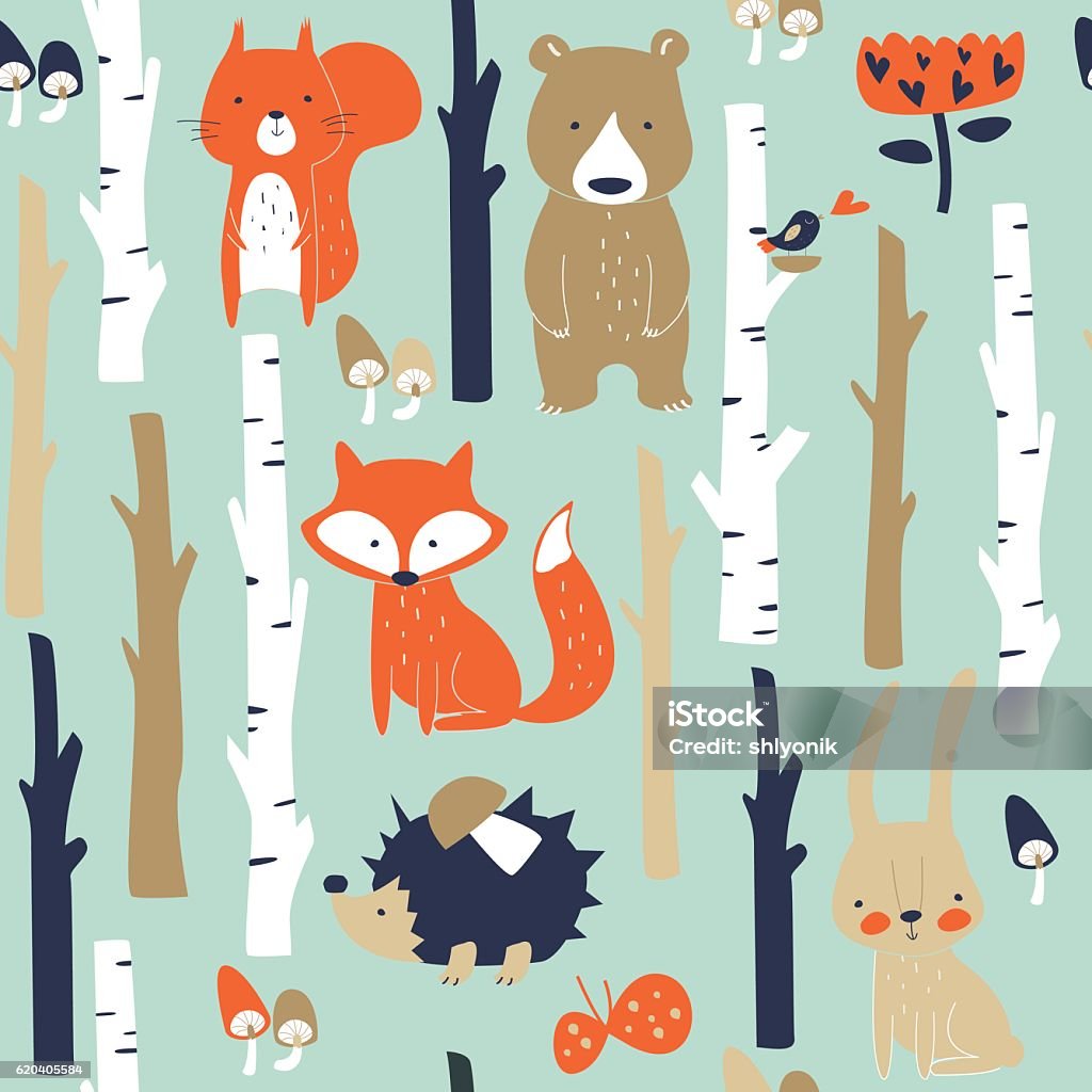 seamlessbirchforestanimals Forest seamless background with cute fox, bear, bunny, elk, hedgehog, birds, mushrooms and trees in cartoon style Forest stock vector