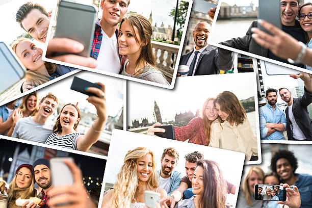 collage of various selfie shoot collage of various faces selfie photos stock pictures, royalty-free photos & images
