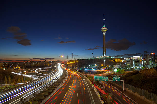 Tehran Highways Filled with Cars in front of Milad Tower stock photo