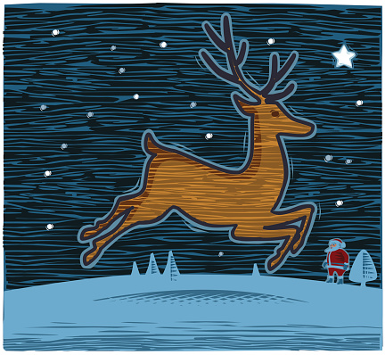 Seasonal winter scene with reindeer in hand crafted woodcut style. CS3 and freehand versions in the zip