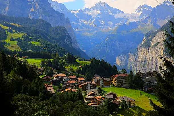 Above Wengen alpine village panorama, and Lauterbrunnen idyllic valley, Swiss Alps