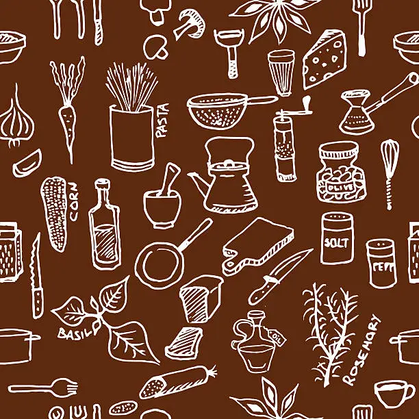 Vector illustration of Seamless pattern on a kitchen theme. Variety of products, kitchenware