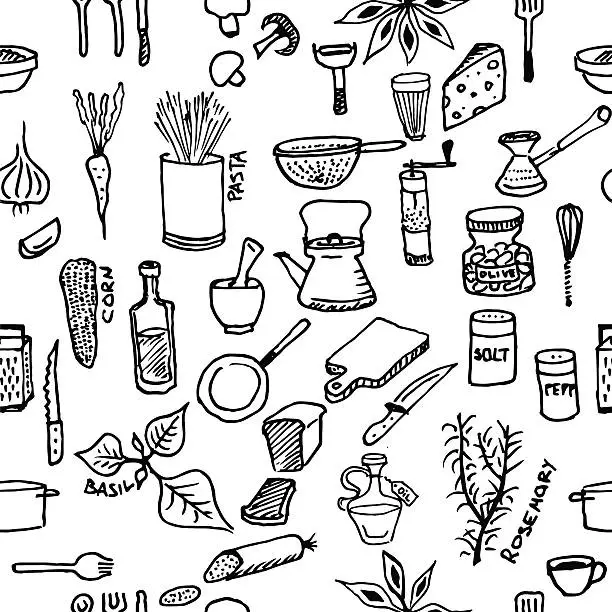 Vector illustration of Seamless pattern on a kitchen theme. Variety of products, kitchenware