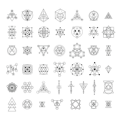 Sacred geometry signs collection. Linear modern art design elements set. Vector illustration