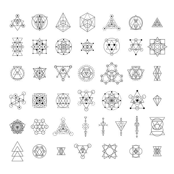 Sacred geometry signs collection Sacred geometry signs collection. Linear modern art design elements set. Vector illustration alchemy stock illustrations